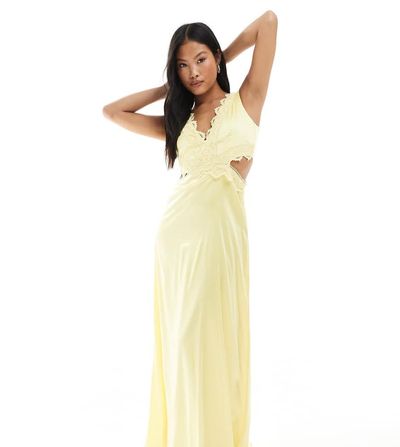 TFNC Petite TFNC Petite Bridesmaid satin maxi dress with scalloped lace detail in lemon-Yellow