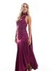 TFNC Petite TFNC Petite Bridesmaids satin asymmetric maxi dress with scarf neck in plum-Purple - 1