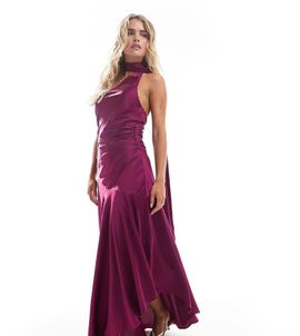 TFNC Petite TFNC Petite Bridesmaids satin asymmetric maxi dress with scarf neck in plum-Purple