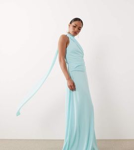 TFNC Petite TFNC Petite chiffon one shoulder scarf neck maxi dress in baby blue