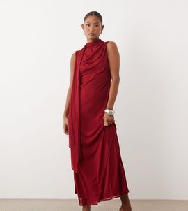 TFNC Petite TFNC Petite high neck chiffon scarf detail maxi dress in burgundy-Red