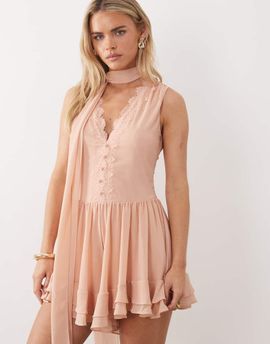 TFNC Petite TFNC Petite low v-neck chiffon and lace romper with scarf in light pink