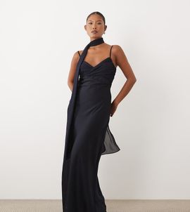 TFNC Petite TFNC Petite satin bust chiffon scarf detail cami maxi dress in navy