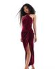 TFNC Petite TFNC Petite velvet halter neck maxi dress with thigh slit in burgundy-Red - 1
