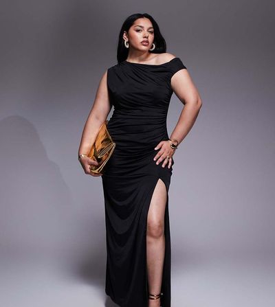 TFNC Plus TFNC Plus asymmetric midi dress with thigh slit in black