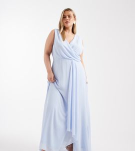 TFNC Plus TFNC Plus Bridesmaid chiffon wrap top draped maxi dress in powder blue