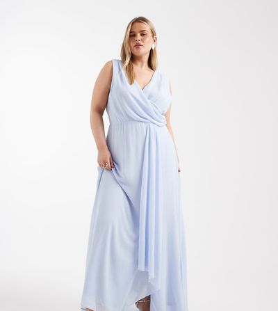 TFNC Plus TFNC Plus Bridesmaid chiffon wrap top draped maxi dress in powder blue