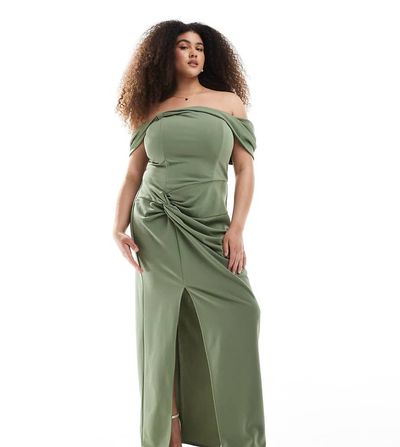TFNC Plus TFNC Plus Bridesmaid fallen shoulders maxi dress with slit in dark green