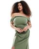 TFNC Plus TFNC Plus Bridesmaid fallen shoulders maxi dress with slit in dark green - 2