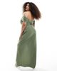 TFNC Plus TFNC Plus Bridesmaid fallen shoulders maxi dress with slit in dark green - 4