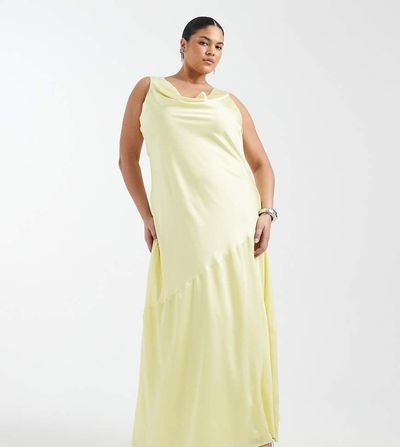 TFNC Plus TFNC Plus Bridesmaid satin cowl front and back maxi dress in butter lemon-Yellow