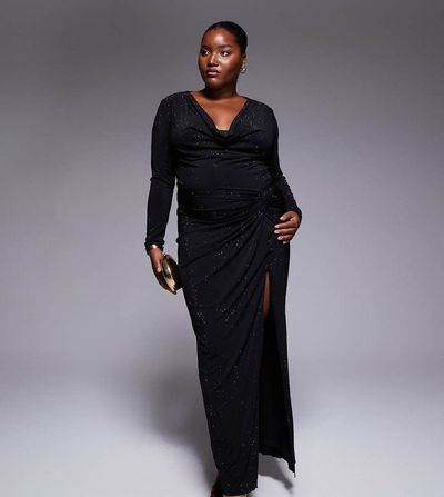 TFNC Plus TFNC Plus cowl neck embellished maxi dress with thigh split in black