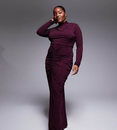 TFNC Plus TFNC Plus high neck embellished maxi dress in cherry-pink