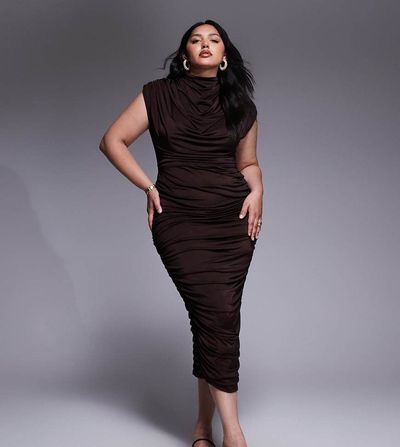 TFNC Plus TFNC Plus high neck midi dress in chocolate-Brown