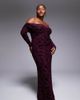 TFNC Plus TFNC Plus off shoulder long sleeve maxi dress in burgundy velvet burn out-Red - 1