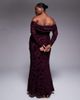 TFNC Plus TFNC Plus off shoulder long sleeve maxi dress in burgundy velvet burn out-Red - 3