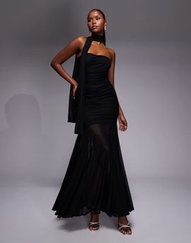 TFNC TFNC bandeau maxi dress with full sheer skirt and scarf detail in black