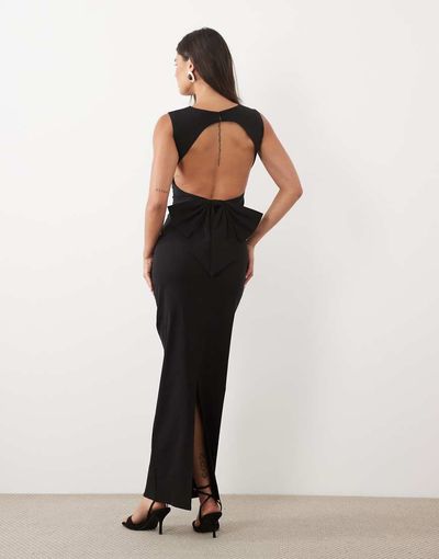 TFNC TFNC bengaline slash neck open back bow detail maxi dress in black