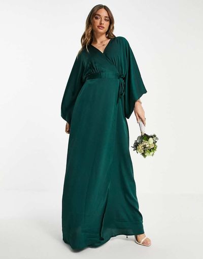 TFNC TFNC Bridesmaid kimono sleeve satin wrap maxi dress in emerald green