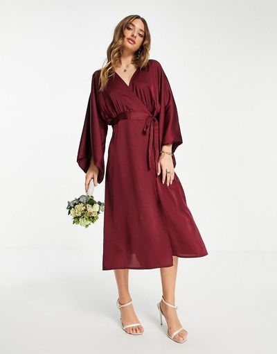 TFNC TFNC Bridesmaid kimono sleeve satin wrap midi dress in berry-Pink