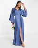 TFNC TFNC Bridesmaid kimono sleeve satin wrap midi dress in dusky blue - 1