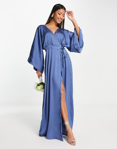 TFNC TFNC Bridesmaid kimono sleeve satin wrap midi dress in dusky blue