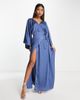 TFNC TFNC Bridesmaid kimono sleeve satin wrap midi dress in dusky blue - 4