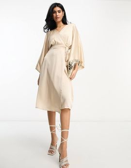 TFNC TFNC Bridesmaid kimono sleeve satin wrap midi dress in mink-Pink