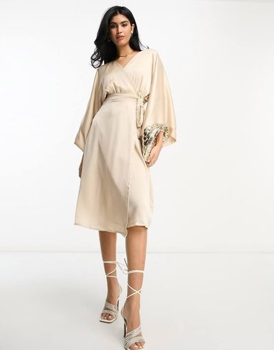 TFNC TFNC Bridesmaid kimono sleeve satin wrap midi dress in mink-Pink