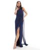 TFNC TFNC Bridesmaid one shoulder maxi dress with twist front and scarf detail in navy - 1