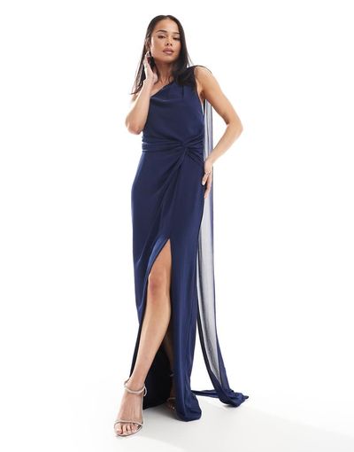 TFNC TFNC Bridesmaid one shoulder maxi dress with twist front and scarf detail in navy