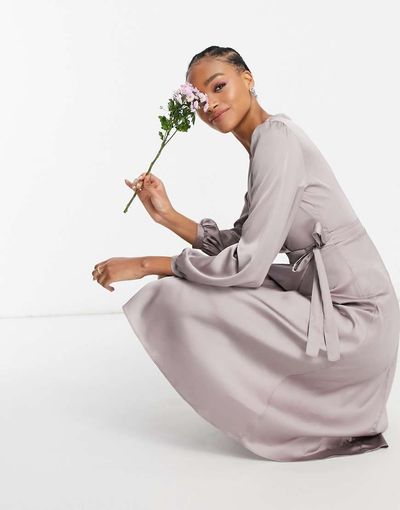TFNC TFNC bridesmaid satin long sleeve wrap front midi dress in gray-Grey