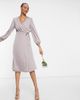 TFNC TFNC bridesmaid satin long sleeve wrap front midi dress in gray-Grey - 4