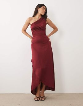 TFNC TFNC Bridesmaid satin one shoulder wrap skirted maxi dress in burgundy-Red
