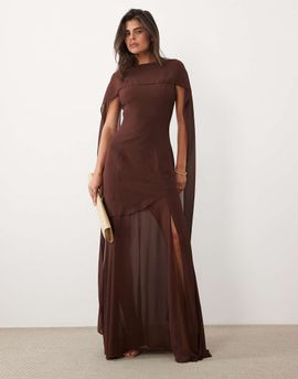 TFNC TFNC Bridesmaid scarf detail chiffon maxi dress with sheer skirt in chocolate-Brown