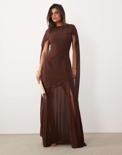 TFNC TFNC Bridesmaid scarf detail chiffon maxi dress with sheer skirt in chocolate-Brown