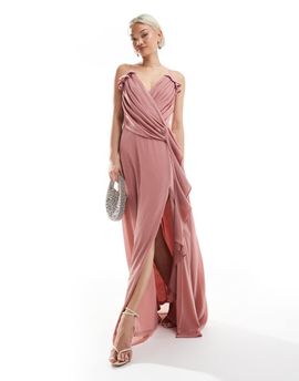 TFNC TFNC Bridesmaid wrap front chiffon maxi dress with frill detail and split in dusky pink