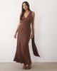TFNC TFNC Bridesmaids satin plunge neck scarf detail lace up open back maxi dress in chocolate-Brown - 1