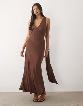 TFNC TFNC Bridesmaids satin plunge neck scarf detail lace up open back maxi dress in chocolate-Brown