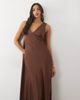 TFNC TFNC Bridesmaids satin plunge neck scarf detail lace up open back maxi dress in chocolate-Brown - 2