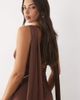 TFNC TFNC Bridesmaids satin plunge neck scarf detail lace up open back maxi dress in chocolate-Brown - 3
