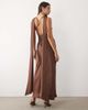 TFNC TFNC Bridesmaids satin plunge neck scarf detail lace up open back maxi dress in chocolate-Brown - 4