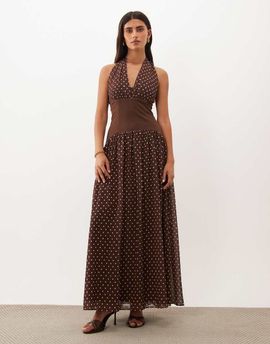 TFNC TFNC chiffon contrast waistband halter neck maxi dress in chocolate polka dot-Brown