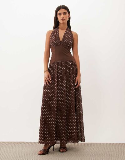 TFNC TFNC chiffon contrast waistband halter neck maxi dress in chocolate polka dot-Brown