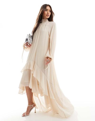 TFNC TFNC chiffon maxi dress with tiered hem in mink-Neutral