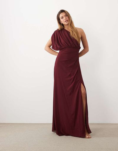 TFNC TFNC chiffon one shoulder draped maxi dress in burgundy-Gray