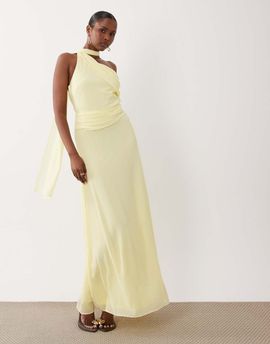 TFNC TFNC chiffon one shoulder scarf neck maxi dress in lemon-Yellow