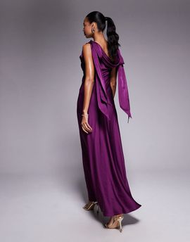 TFNC TFNC fallen shoulder maxi dress with tie details in purple berry-Red