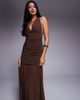 TFNC TFNC halter neck maxi dress with open back in chocolate mesh-Brown - 3