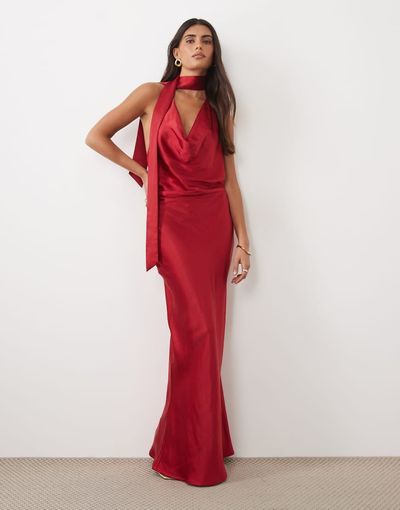 Tfnc Hammered Satin Cowl Neck Scarf Detail Maxi Dress In Red